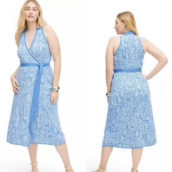 Diane Von Furstenberg Wrap Midi Dress Blue and White Patterned Women's Size M - Picture 1 of 16